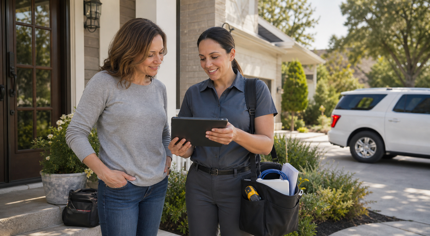 Service coordinator reviews a home and technology appointment on a tablet with a homeowner